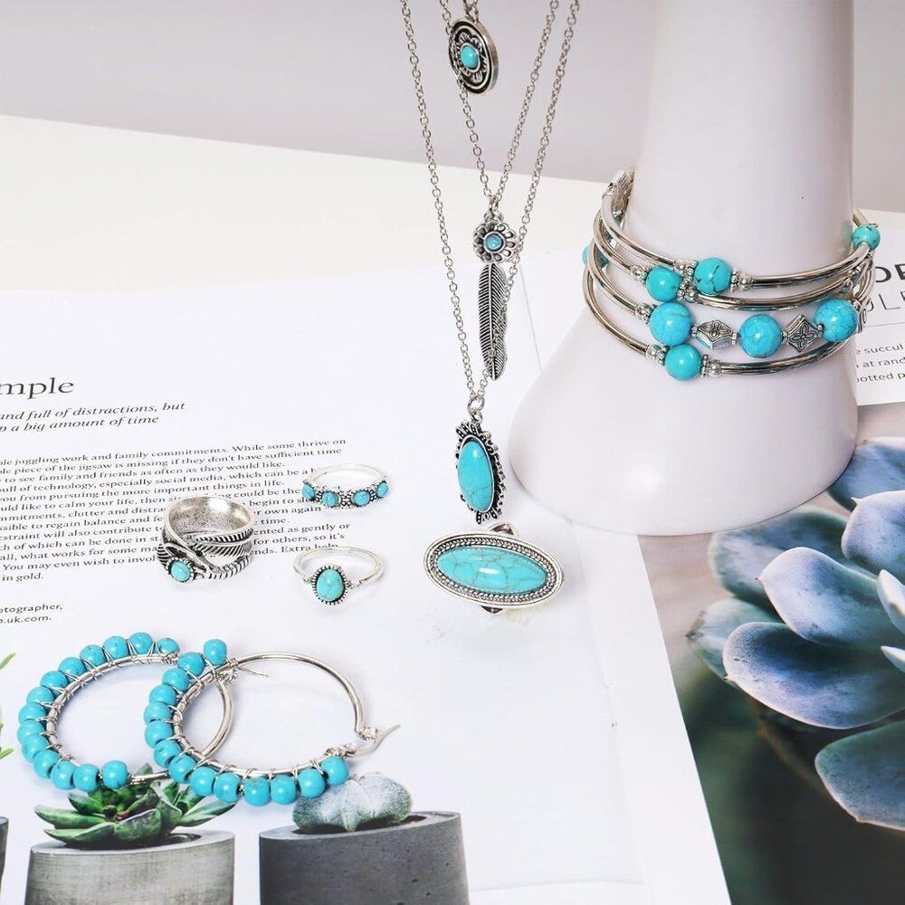 7PCS Bohemian Turquoise Jewelry Set Turquoise Necklace Earrings Rings Western La - Picture 4 of 5